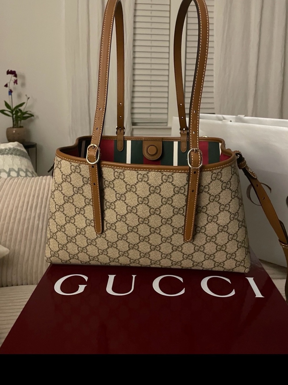 Gucci Beige GG Supreme Canvas Tote with Brown Leather Trim